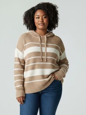Sienna Sage Women's Taupe & White Striped  Nautical Hoodie Sweater in size xlg